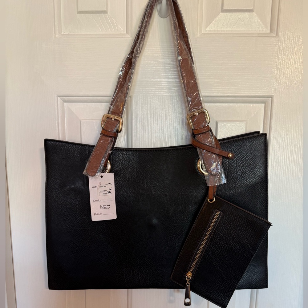 Tabatha Bag Pleather Tote With Many Individual Compartments Black and Brown NWT